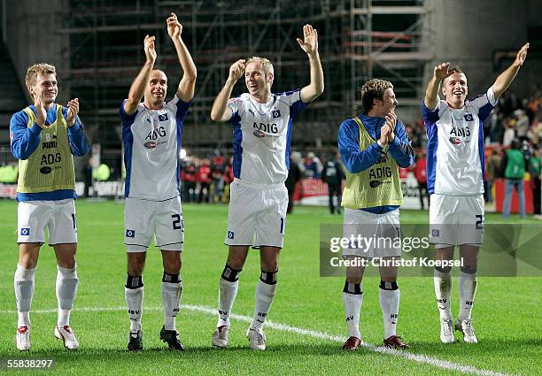 Rene Klingbeil, Stefan Beinlich, Sergej Barbarez, Benjamin Lauth and Rafael van der Vaart of Hamburg celebrate the victory after the Bundesliga match...