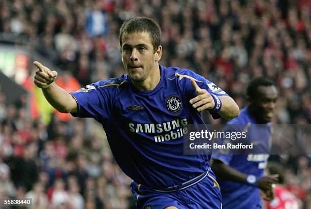 Joe Cole of Chelsea celebrates scoring a goal during the Barclays Premiership match between Liverpool and Chelsea at Anfield on October 2, 2005 in...