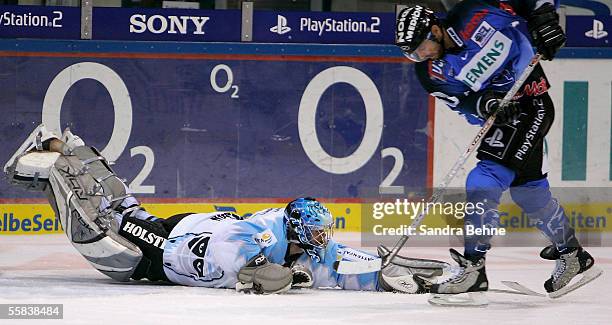 Robert Valicevic of Ingolstadt tries to score against Boris Rousson of Freezers during the DEL match between ERC Ingolstadt and Hamburg Freezers at...