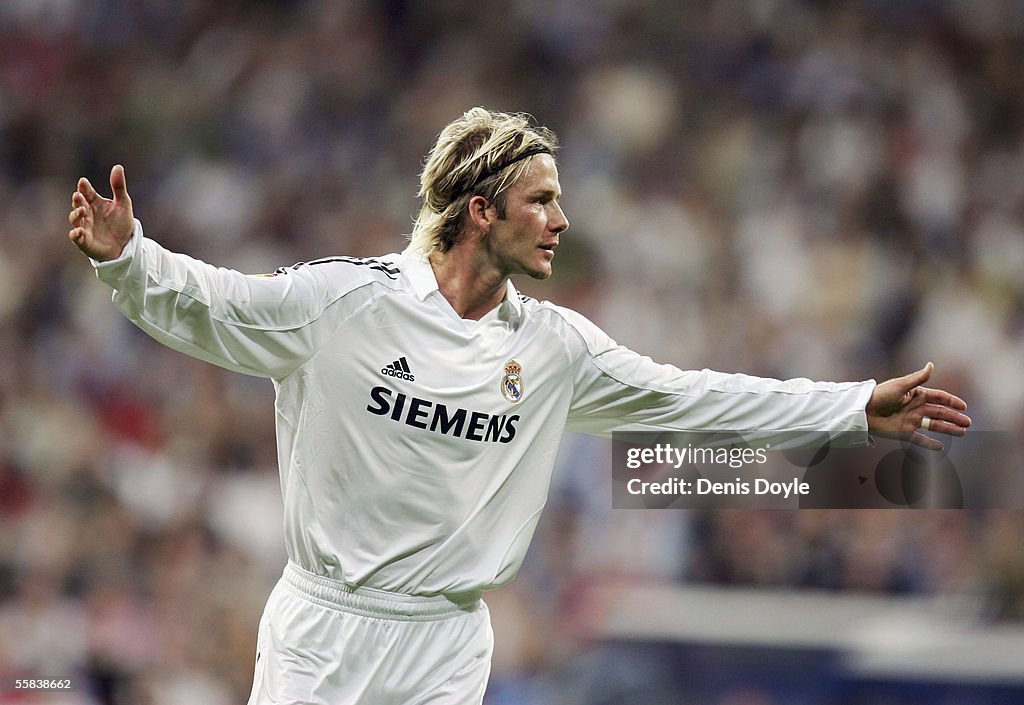 Beckham Real David Beckham of Real Madrid celebrates after his team scored their ...