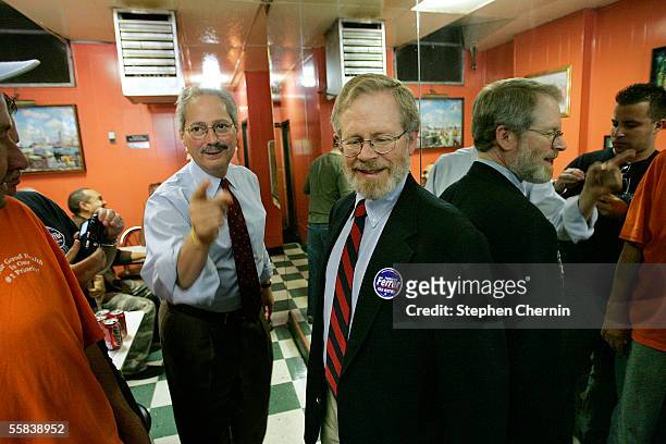 Democratic New York City mayoral candidate Fernando Ferrer shakes his finger as he stands with New York State Assemblyman Dick Gottfreid while...