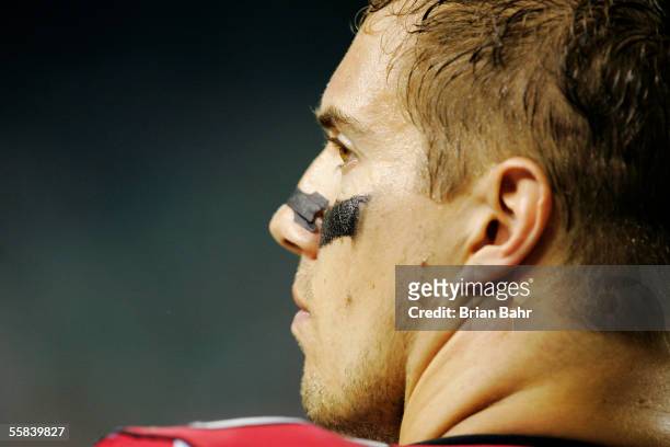 Defensive end Patrick Kerney of the Atlanta Falcons waits for the game to end in a 30-10 drubbing of the Minnesota Vikings on October 2, 2005 at the...