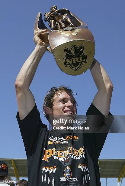 Brett Hodgson of the Tigers holds the NRL Premiership trophy during the Wests Tigers Grand Final celebrations at Campbelltown Sports Ground on...