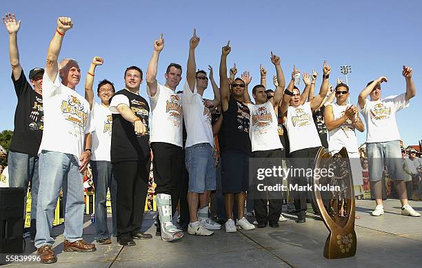 The Tigers celebrate with the NRL Premiershp trophy during the Wests Tigers Grand Final celebrations at Leichhardt Oval on October 3, 2005 in Sydney,...