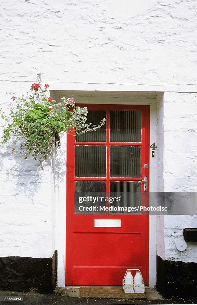 Flowers hanging on the wall of a house with a red door, Totnes, England