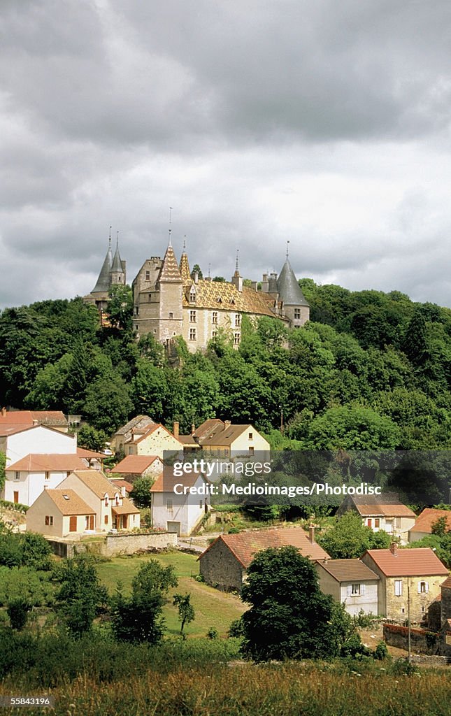 High angle view of the Chateau De La Rochepot Castle, Cote D'Or, Burgundy, Bourgogne, France