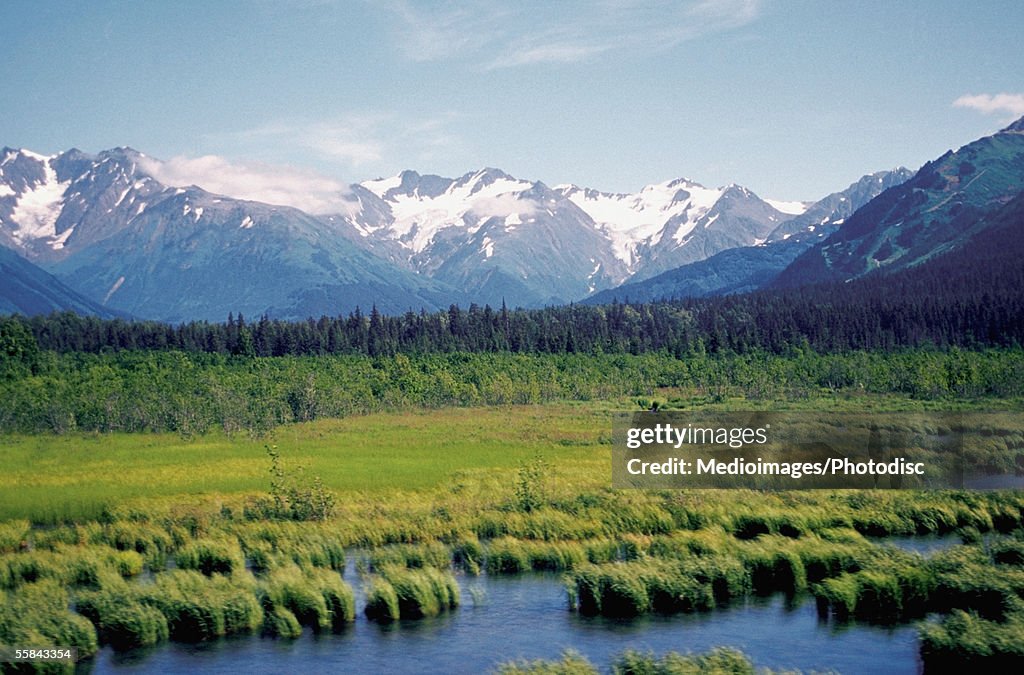 Snow covered mountains and a stream along Alaska highway, Alaska, USA