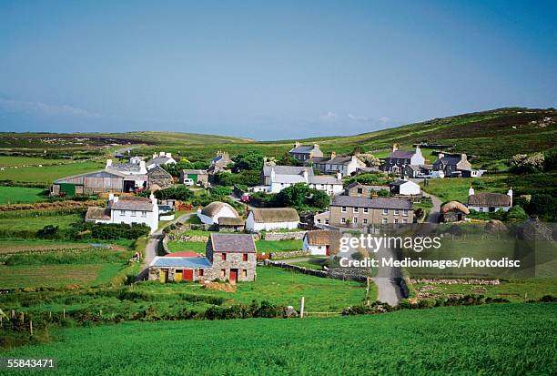 panoramic view of cottages, cregnesh, isle of man, british isles - isle of man stock-fotos und bilder