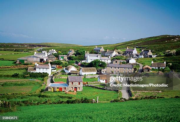 panoramic view of cottages, cregnesh, isle of man, british isles - isle of man stock pictures, royalty-free photos & images