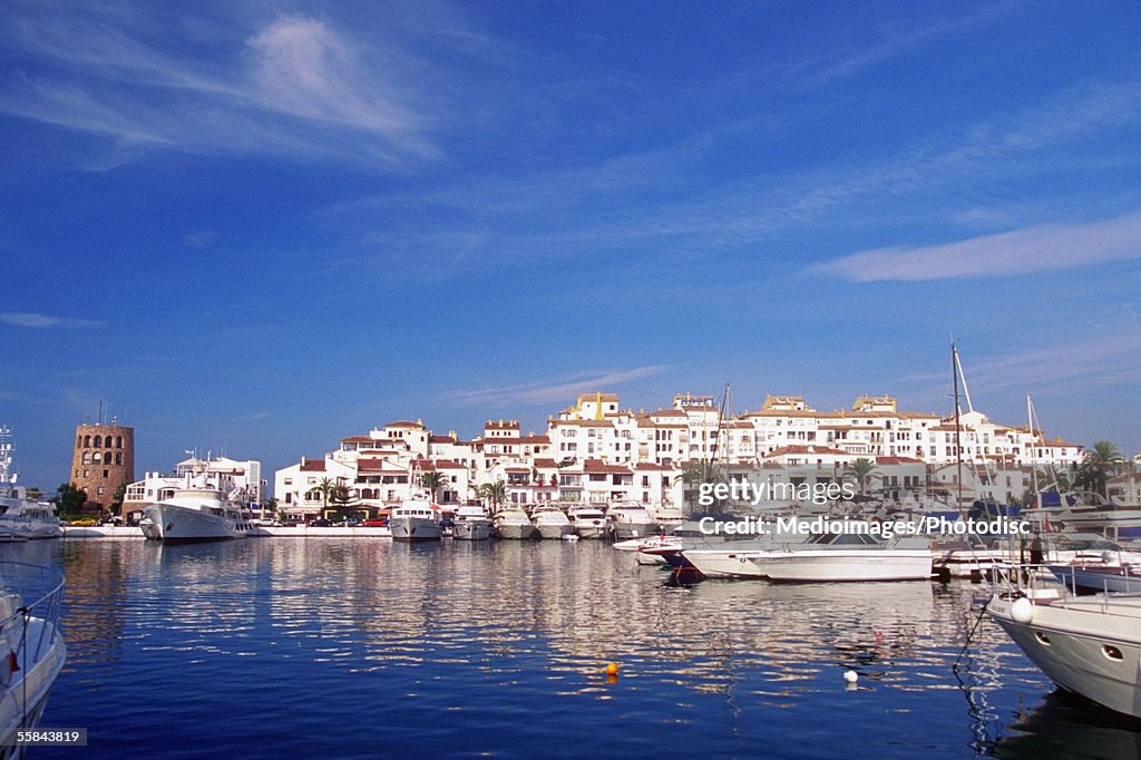 Boats moored at a harbor, Puerto Banus, Costa del Sol, Andalusia, Spain