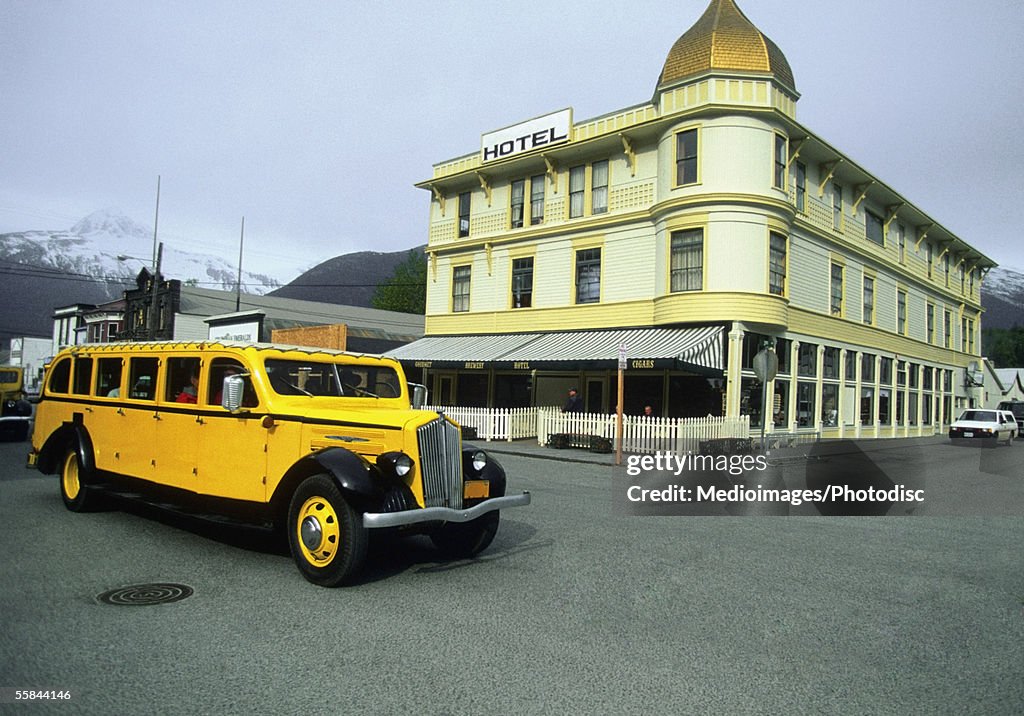 Bus on a street, Skagway, Alaska, USA