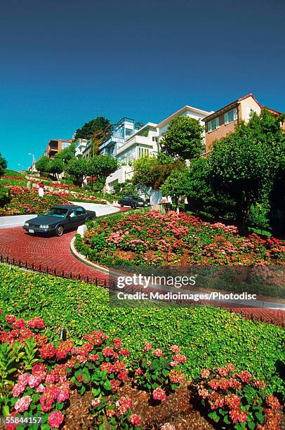 car moving down the street, lombard street, san francisco, california, usa - lombard street san francisco stock-fotos und bilder