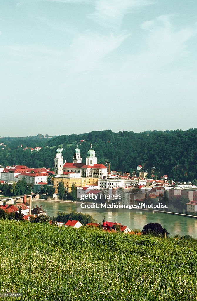 High angle view of buildings along the Danube River, Passau, Germany