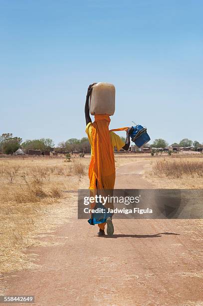 woman carries bucket of water. south sudan. - south sudan stock-fotos und bilder