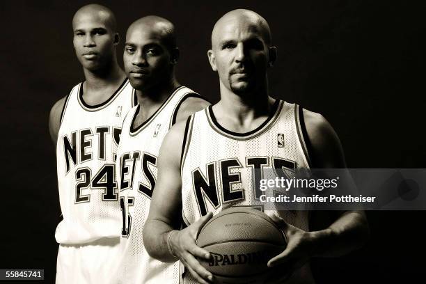 Jason Kidd, Vince Carter, and Richard Jefferson of the New Jersey Nets pose during the Nets Media Day on October 3, 2005 in East Rutherford, New...