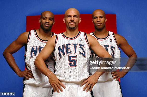 Vince Carter, Jason Kidd and Richard Jefferson of the New Jersey Nets pose during the Nets Media Day on October 3, 2005 in East Rutherford, New...