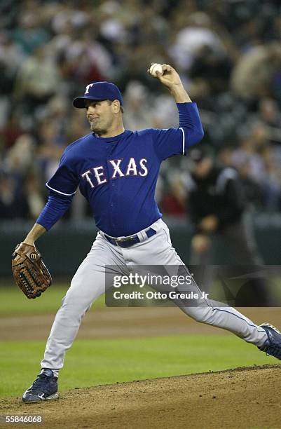 Starting Pitcher Kenny Rogers of the Texas Rangers winds up to pitch during the game against the Seattle Mariners on September 29 2005 at Safeco...