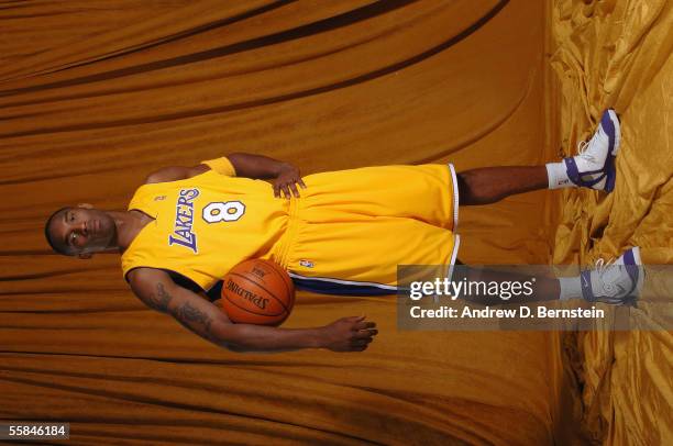 Kobe Bryant of the Los Angeles Lakers poses for a portrait during 2005 NBA Media Day October 3, 2005 at the Los Angeles Lakers Training Facility in...