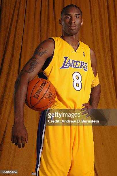 Kobe Bryant of the Los Angeles Lakers poses for a portrait during 2005 NBA Media Day October 3, 2005 at the Los Angeles Lakers Training Facility in...