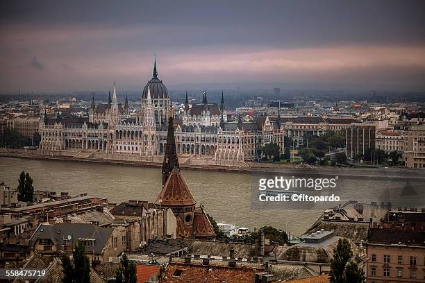 hungarian parliament building across the danube - sede do parlamento húngaro - fotografias e filmes do acervo