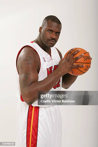 Shaquille O'Neal of the Miami Heat poses during the 2005 Miami Heat Media Day at American Airlines Arena October 3, 2005 in Miami, Florida. NOTE TO...