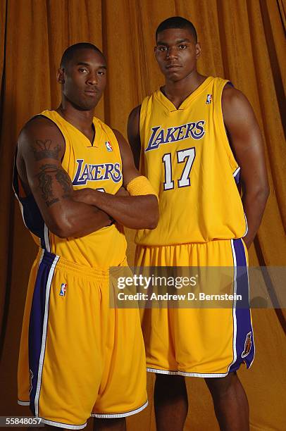Kobe Bryant and Andrew Bynum of the Los Angeles Lakers pose for a portrait during 2005 NBA Media Day October 3, 2005 at the Los Angeles Lakers...
