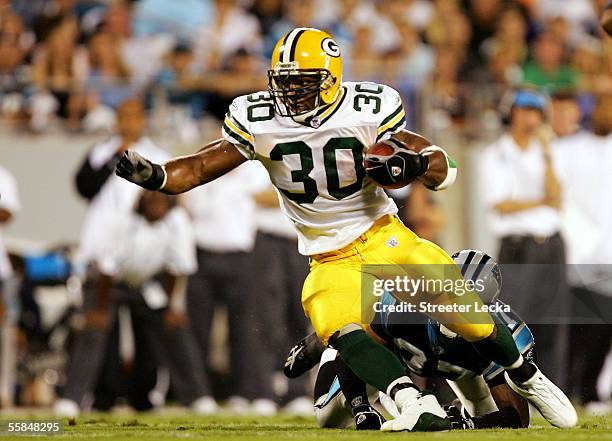 Ahman Green of the Green Bay Packers runs with the ball against the Carolina Panthers October 3, 2005 at Bank of America Stadium in Charlotte, North...
