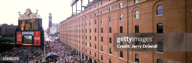 Panoramic view Eutaw Street walkway located between the Baltimore & Ohio Warehouse and Oriole Park at Camden Yards stadium as the Baltimore Orioles...