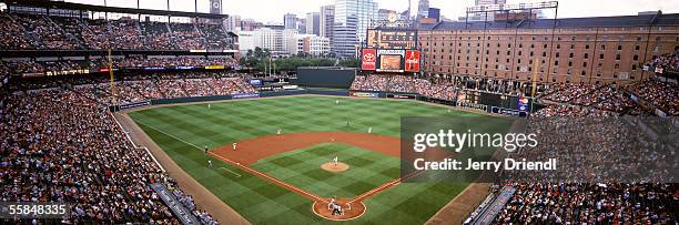 Panoramic view of Oriole Park at Camden Yards from behind home plate upper level as the Baltimore Orioles host the Colorado Rockies in a inter-league...