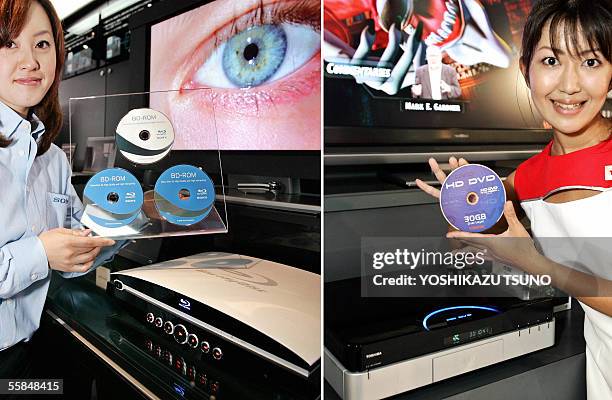 Combo picture shows next generation DVD players, manufactured by Japan's electronics giants Sony and Toshiba, displayed at the annual Ceatec, Aisa's...