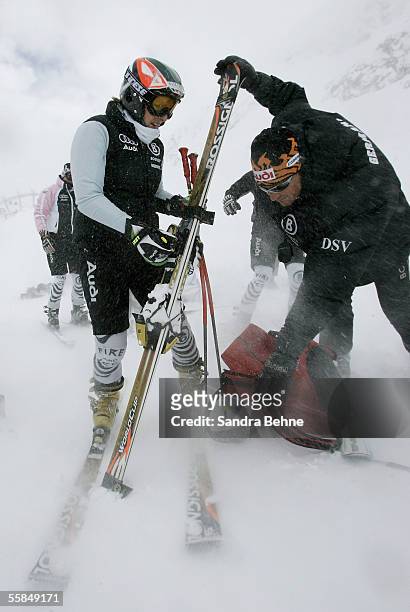 Martina Ertl talks with Coach Andreas Fuerbeck during the training session of the German National Alpine Skiing Team on October 4, 2005 in Soelden,...