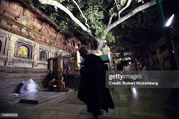 Buddhist monk walks at night beneath the Bodhi Tree July 24, 2005 in Bodhgaya, India. Buddha attained enlightenment following years of meditation in...