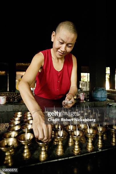 Tibetan nun prepares butter candles near the Bodhi Tree July 25, 2005 in Bodhgaya, India. Buddha attained enlightenment in 528 B.C. Following years...