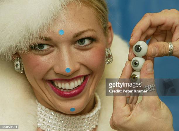 Rockette Kandice Pelletier models at Madame Tussauds as eyes are matched for the new Rockette wax figure October 4, 2005 in New York City.