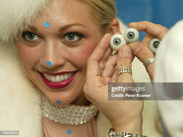 Rockette Kandice Pelletier models at Madame Tussauds as eyes are matched for the new Rockette wax figure October 4, 2005 in New York City.