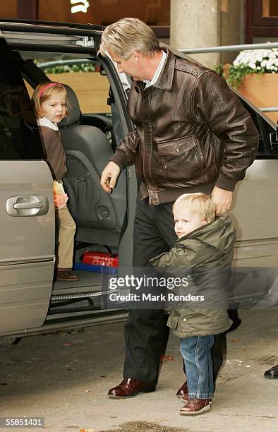 Crown Prince Philippe, Prince Gabriel and Princess Elisabeth of Belgium arrive at the Erasmus Hospital to visit Crown Princess Mathilde, who gave...