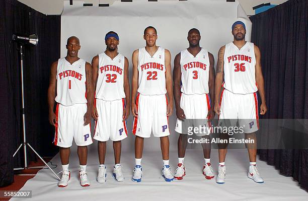 Chauncey Billups, Richard Hamilton, Tayshaun Prince, Ben Wallace, and Rasheed Wallace pose for a portrait during the Pistons Media Day on October 3,...