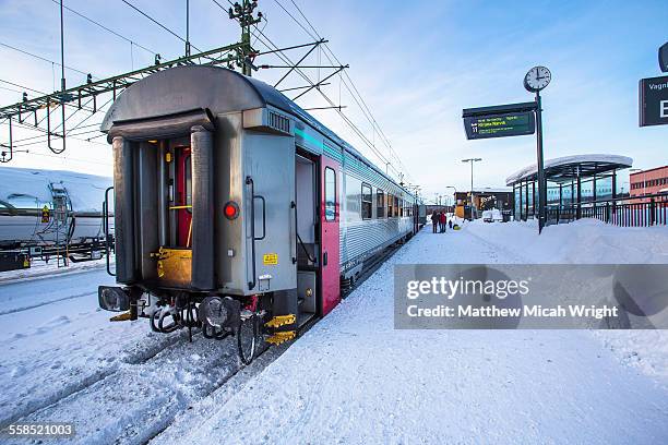 the kiruna train station after a winter snowstorm - sweden snow stock pictures, royalty-free photos & images