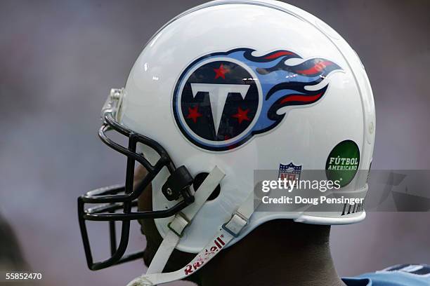 Tennessee Titans helmet displays the Futbol Americano logo during the game against the Indianapolis Colts at The Coliseum on October 2, 2005 in...