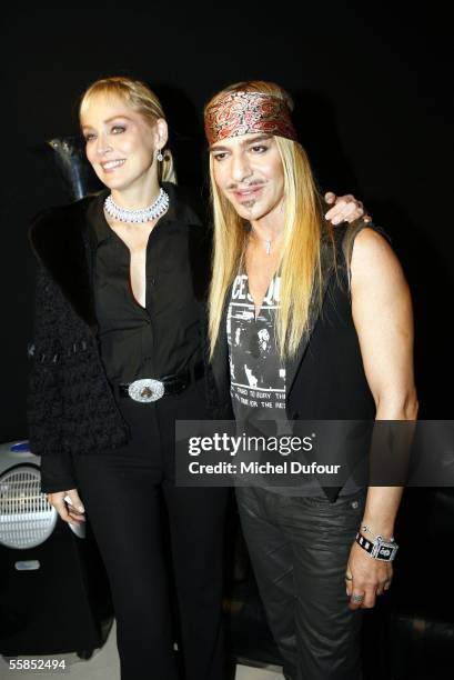 Actress Sharon Stone and John Galliano are seen backstage during the Dior fashion show as part of Paris Fashion Week Spring/Summer 2006 on October 4,...