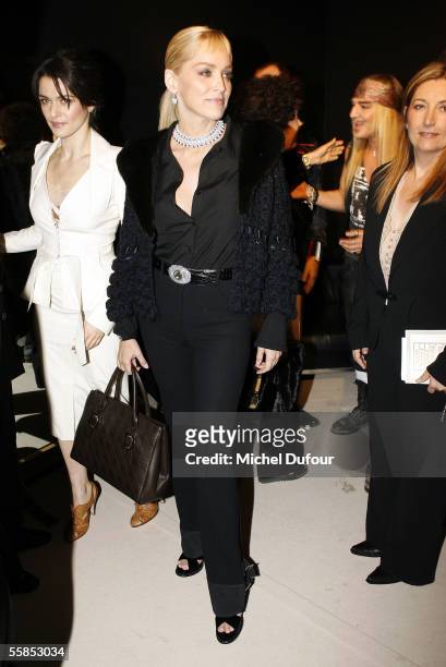 Actress Sharon Stone attends the Dior fashion show as part of Paris Fashion Week Spring/Summer 2006 on October 4, 2005 in Paris, France.