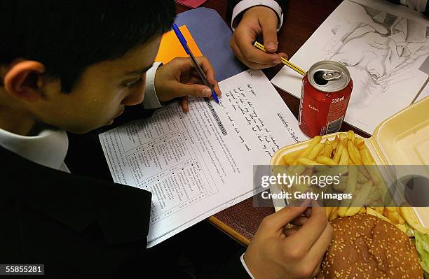 In this photo illustration a school student eats a hamburger and chips as part of his lunch which was brought from a fast food shop near his school,...