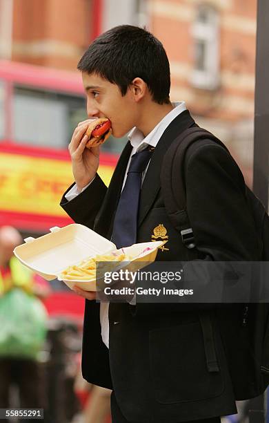 In this photo illustration school student Amir Shahin eats a burger and chips as part of his lunch which was brought from a fast food shop near his...