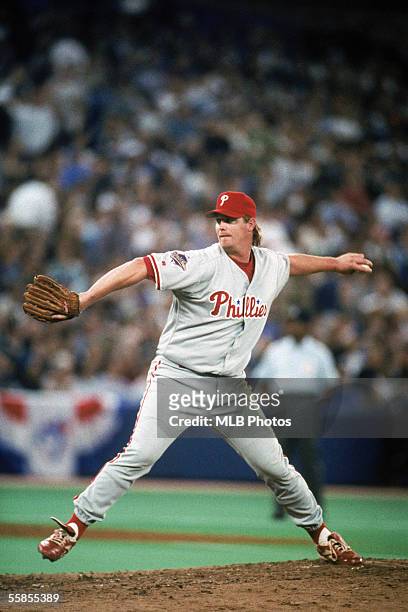 David West of the Philadelphia Phillies winds back to pitch during game one of the 1993 World Series against the Toronto Blue Jays at the Skydome on...