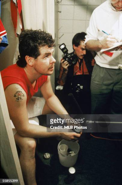 Pitcher Mitch Williams of the Philadelphia Phillies sits in the locker room after game six of the 1993 World Series against the Toronto Blue Jays at...