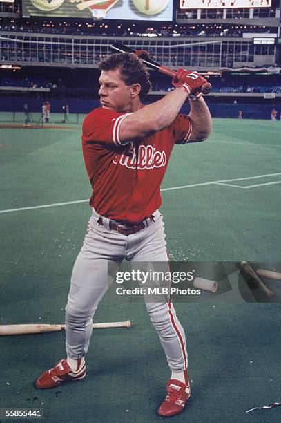 Lenny Dykstra of the Philadelphia Phillies makes a practice swing before game six of the 1993 World Series against the Toronto Blue Jays at the...