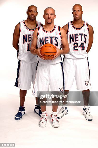 Vince Carter, Jason Kidd and Richard Jefferson of the New Jersey Nets poses for a portrait during Nets Media Day October 3, 2005 at the Champion...