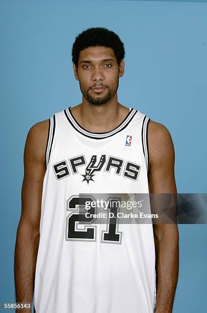 Tim Duncan poses for a portrait during the San Antonio Spurs Media Day on October 3, 2005 in San Antonio, Texas. NOTE TO USER: User expressly...