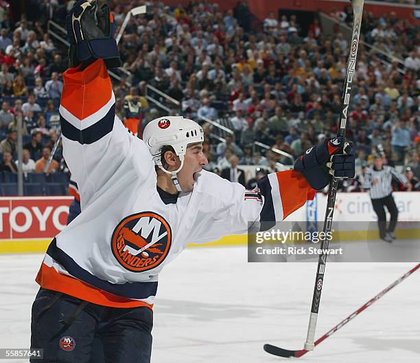 Chris Campoli of the New York Islanders celebrates scoring the game's first goal against the Buffalo Sabres October 5, 2005 at HSBC Arena in Buffalo,...