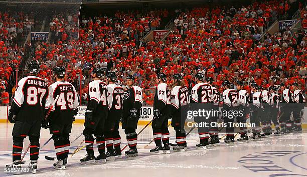 The Philadelphia Flyers line up prior to their opening game of the season against the New York Rangers on October 5, 2005 at the Wachovia Center in...